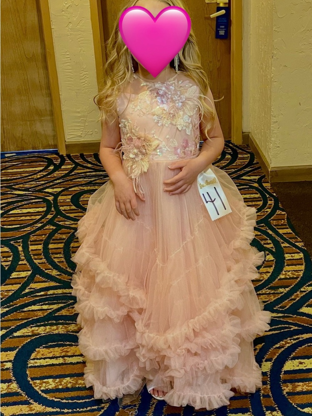 Girls Pink Floral Applique Ruffled Tulle Dress, Pageant, Flower Girl